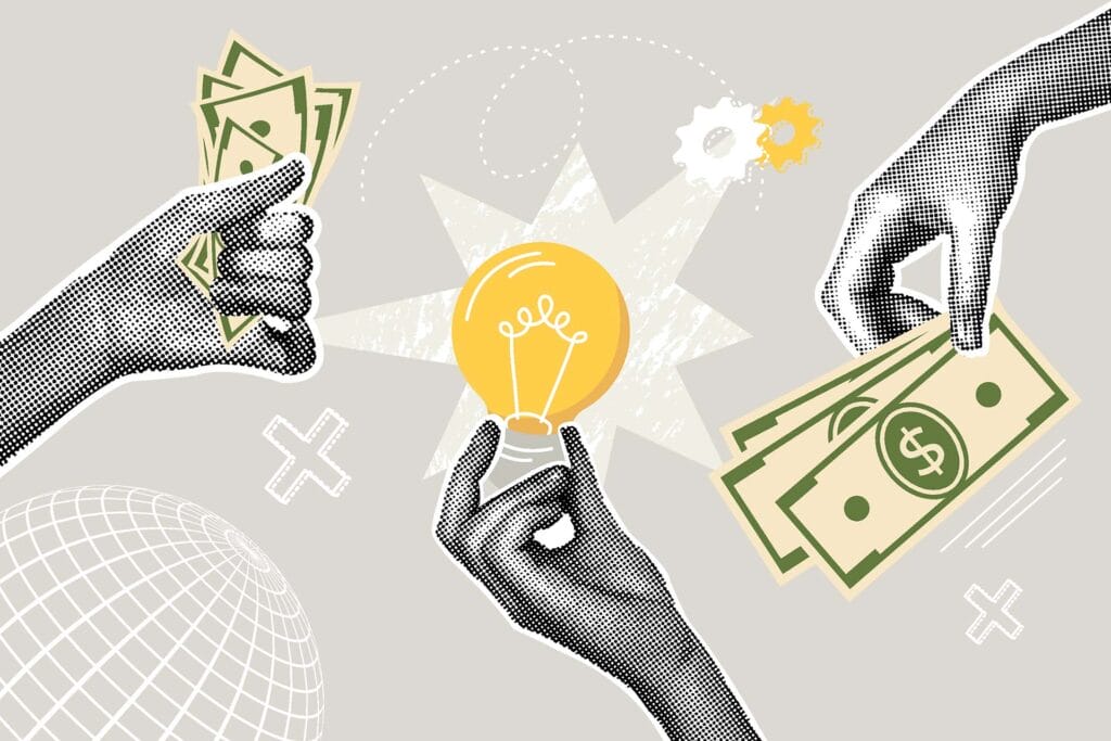 trendy halftone business concept collage. idea concept, business concept, financial planning,profit, earnings. trendy modern retro illustration.
