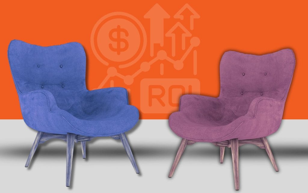 two armchairs seated together with a ROI graphic in the background depicting a digital strategy consultant